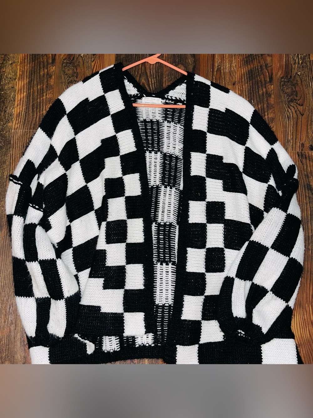 Black & White Checkerboard Open Cardigan Sweater